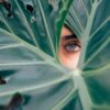 woman peeking over green leaf plant taken at daytime